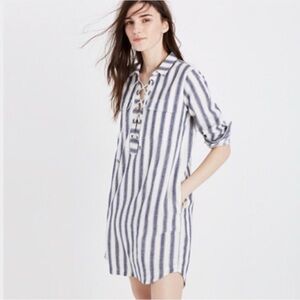 NWT MADEWELL Women's XXS Linen Striped Lace Up Blue White Striped Shirt Dress
